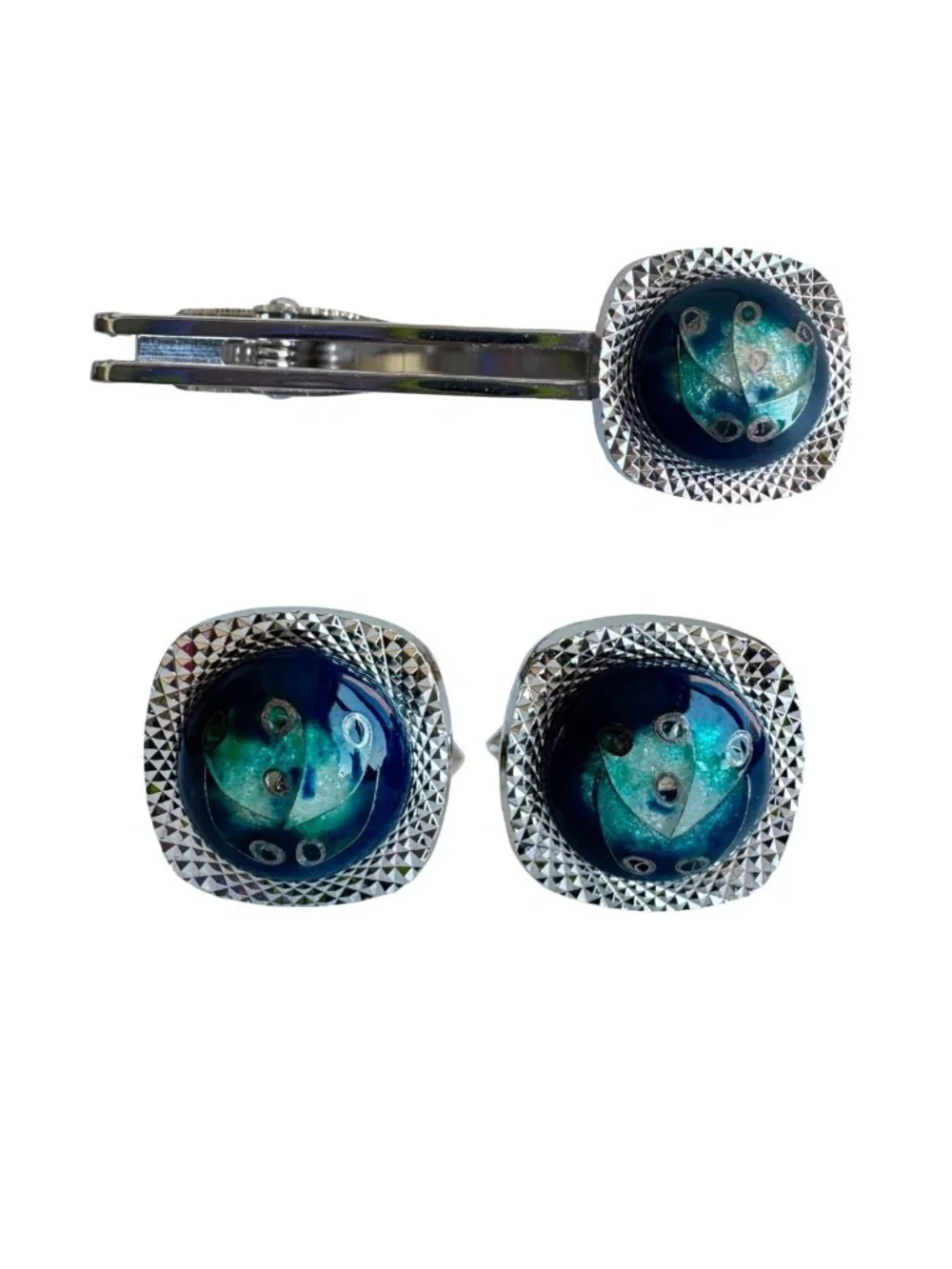 Vintage Japanese Cloisonne Cufflinks Tie Clip Set Blue Green Enamel Formal Groom